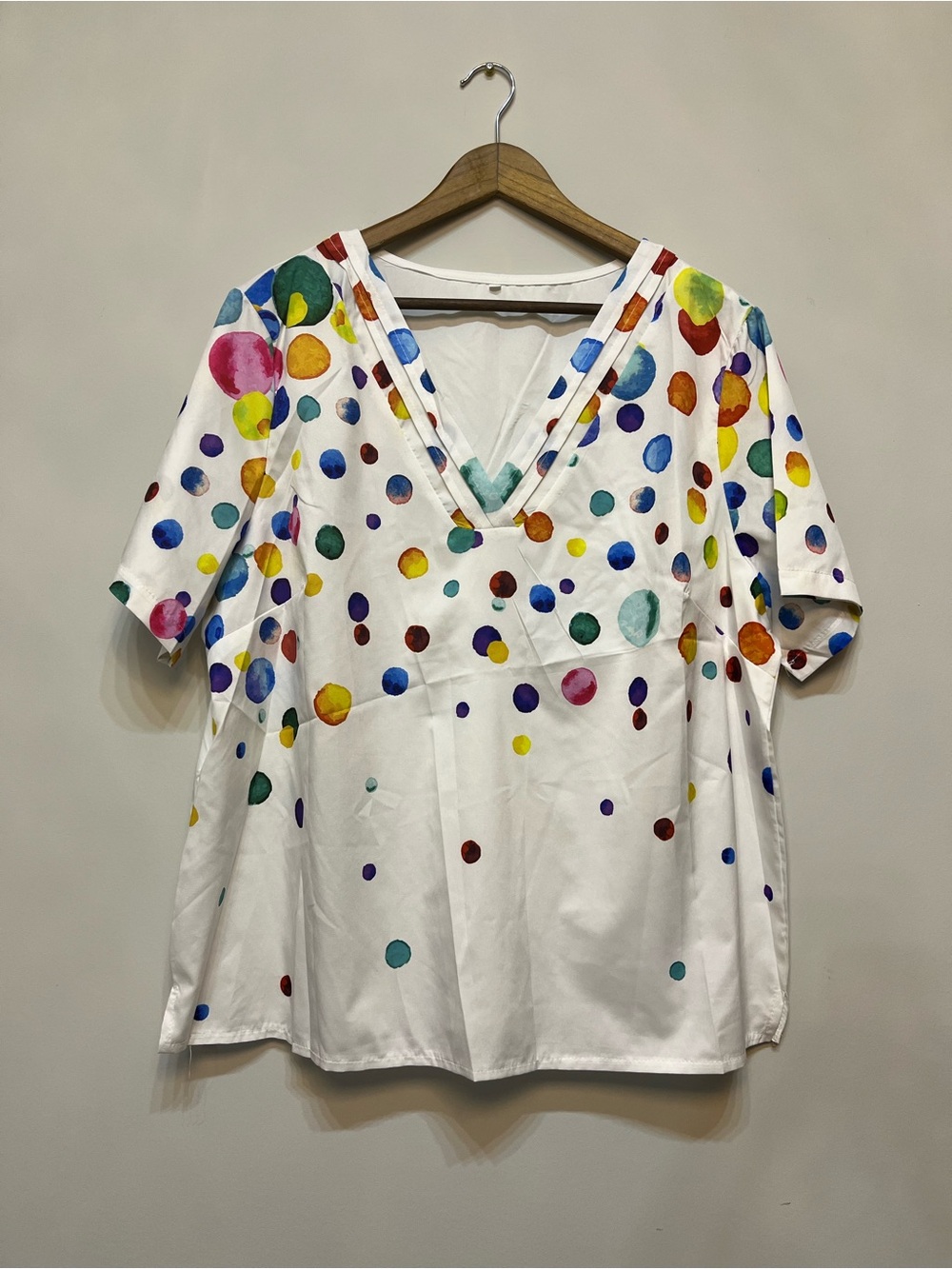 White V-Neck Polka Dot Cotton Top with Multicolor Dots